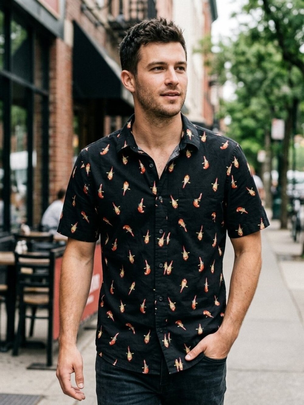 George Men's Classic Fit Black Parrot Patterned Button Down Shirt